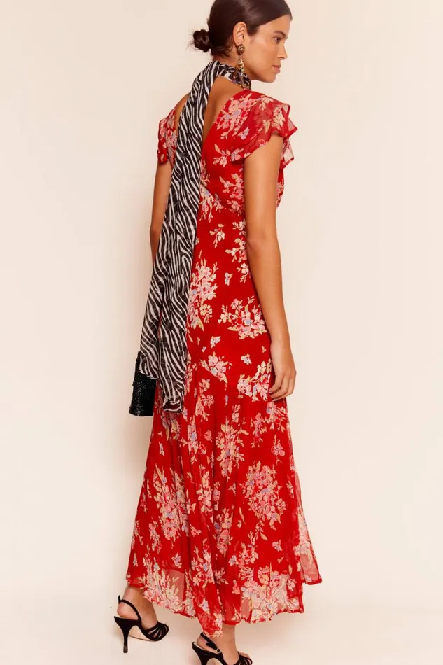 Women RIXO All Clothing Cinzia Silk Maxi Dress Bouquet Floral Merlot