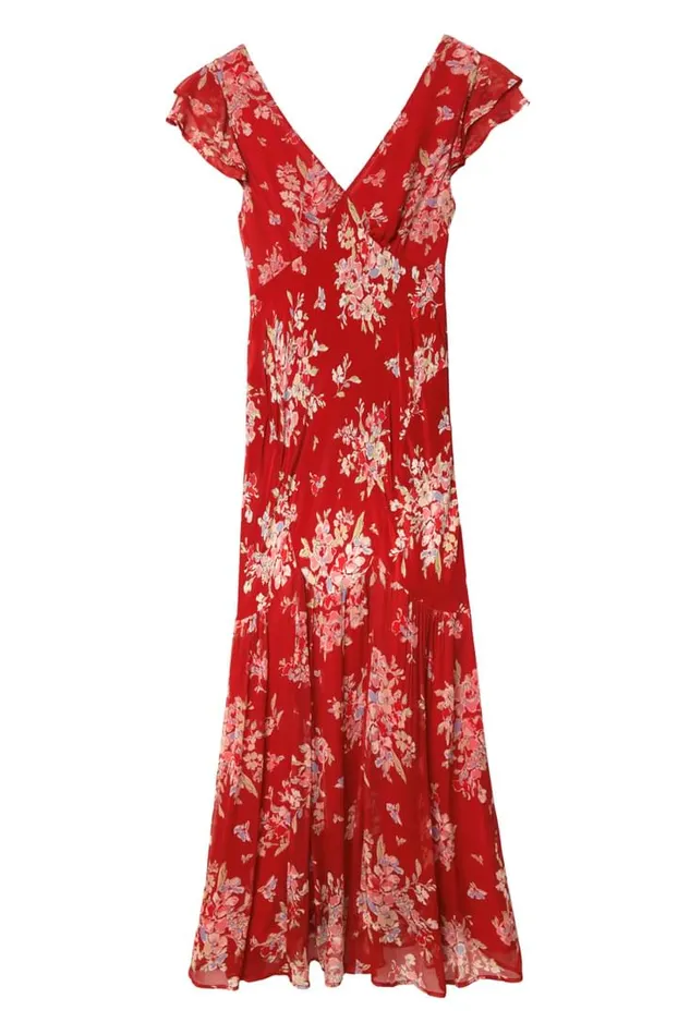 Women RIXO All Clothing Cinzia Silk Maxi Dress Bouquet Floral Merlot
