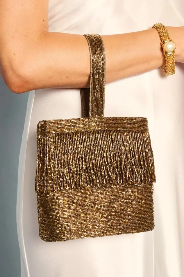 Women RIXO All Occasion Zenni Beaded Bucket Bag Gold