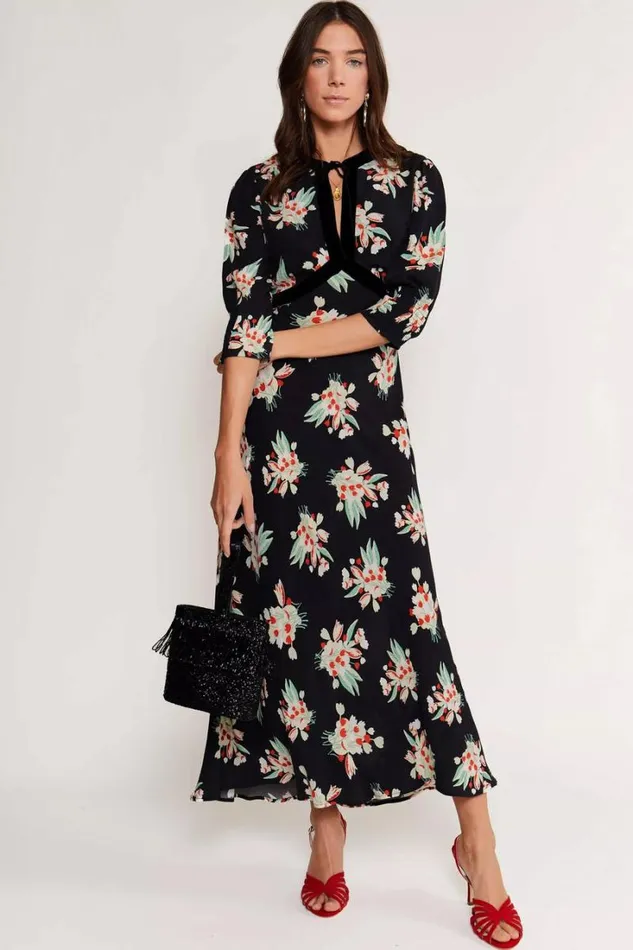Women RIXO Extended Sizing Petra Midi Dress Tulip Cloud Black
