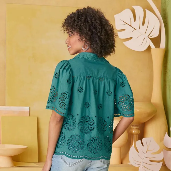 Women Rosalie Eyelet Top Petite Teal Sundance Catalog Petite Styles