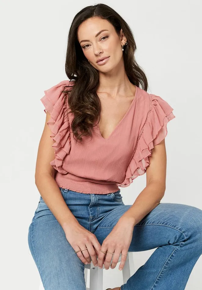 Women Ruffled and Cropped Ciara Top Dusty Rose Buffalo David Bitton Blouses