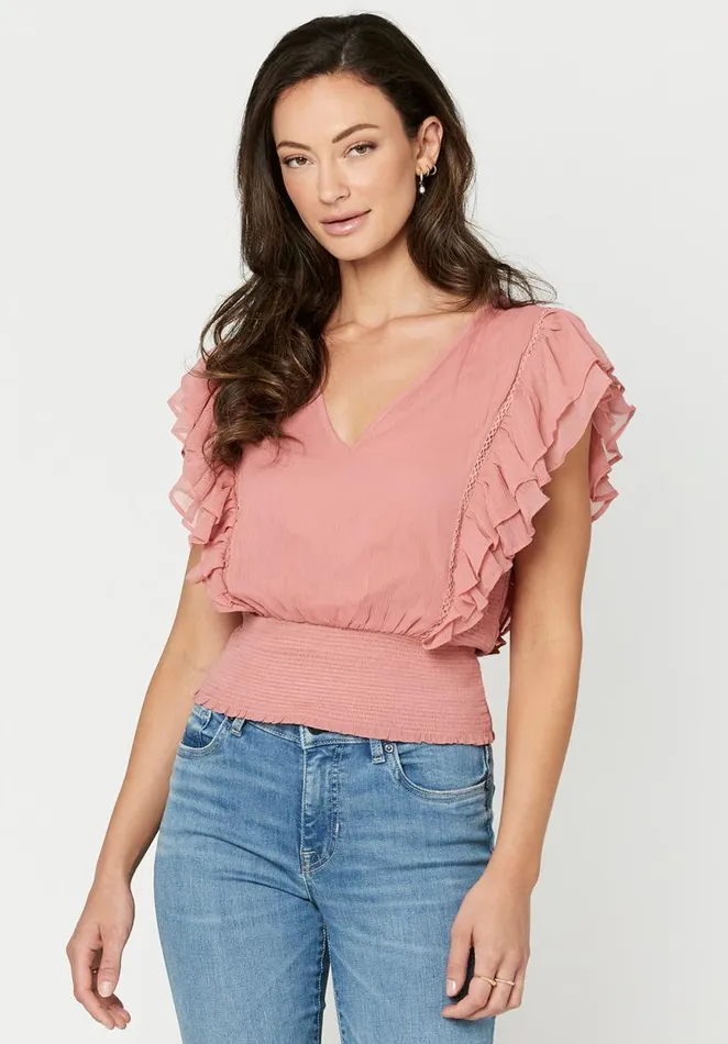 Women Ruffled and Cropped Ciara Top Dusty Rose Buffalo David Bitton Blouses