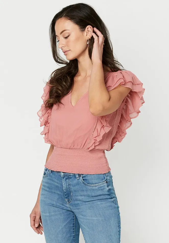 Women Ruffled and Cropped Ciara Top Dusty Rose Buffalo David Bitton Blouses