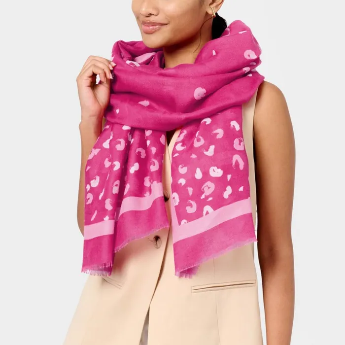 Women Scarves and Womenswear Katie Loxton Leopard Printed Foil Scarf 8211 Magenta Off White And Rose Gold