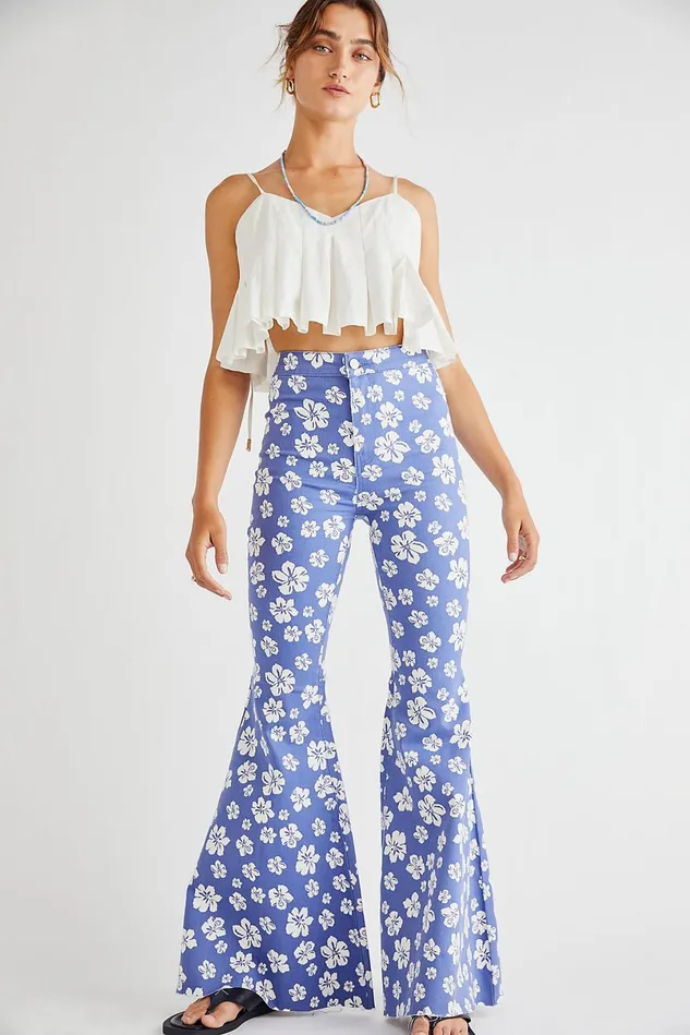 Women Statement Jeans Free People Just Float On Printed Flare Jeans Blue Hawaii Combo