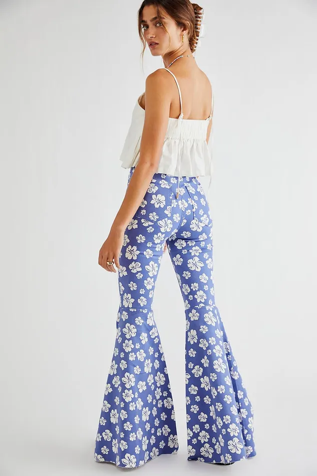 Women Statement Jeans Free People Just Float On Printed Flare Jeans Blue Hawaii Combo