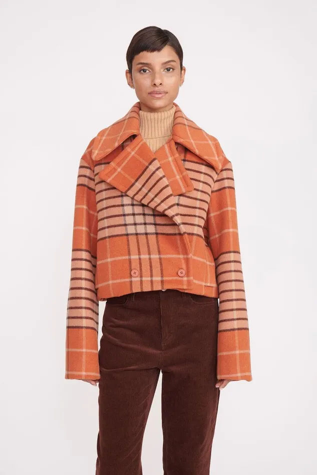 Women STAUD Outerwear and Jackets CARVER CROPPED COAT PERSIMMON MEGA PLAID