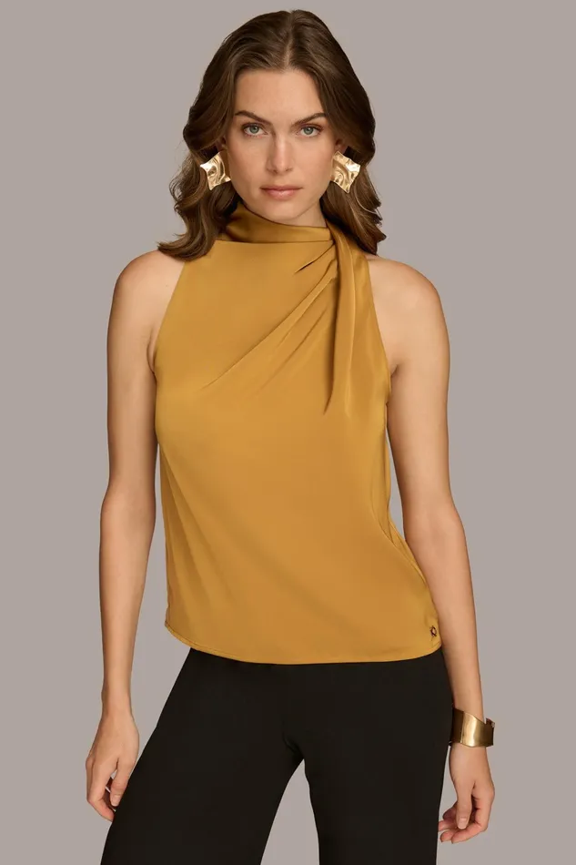 Women Sweaters And Tops Donna Karan ASYMMETRICAL MOCK NECK TOP Antique Gold