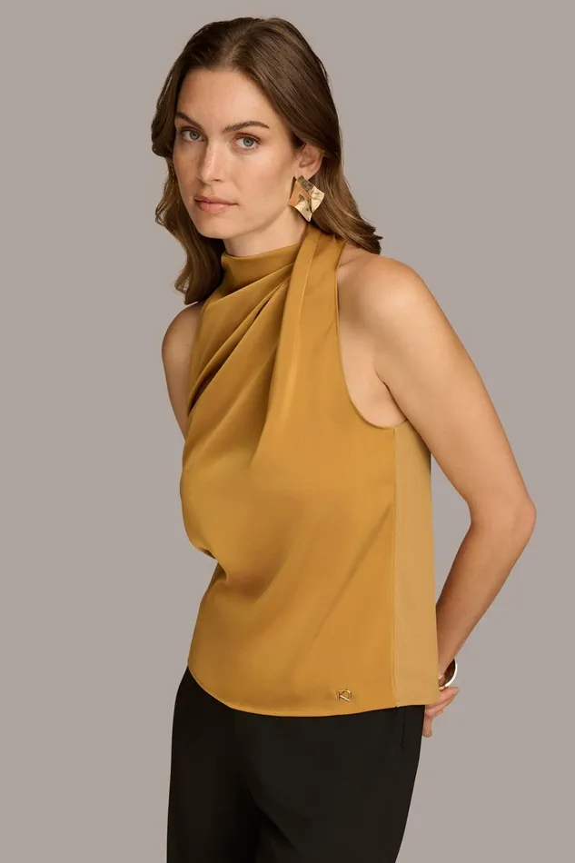 Women Sweaters And Tops Donna Karan ASYMMETRICAL MOCK NECK TOP Antique Gold
