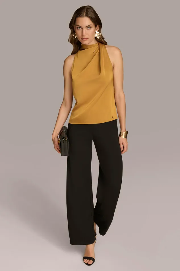 Women Sweaters And Tops Donna Karan ASYMMETRICAL MOCK NECK TOP Antique Gold