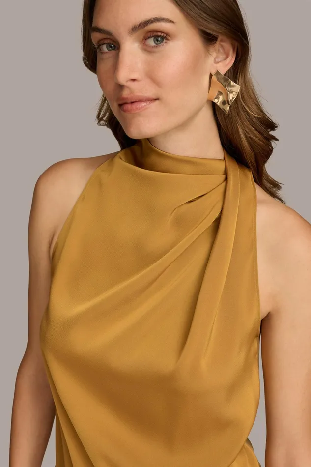 Women Sweaters And Tops Donna Karan ASYMMETRICAL MOCK NECK TOP Antique Gold