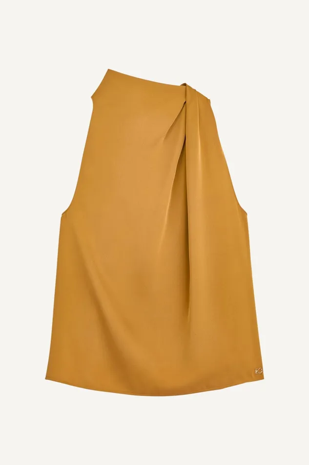Women Sweaters And Tops Donna Karan ASYMMETRICAL MOCK NECK TOP Antique Gold