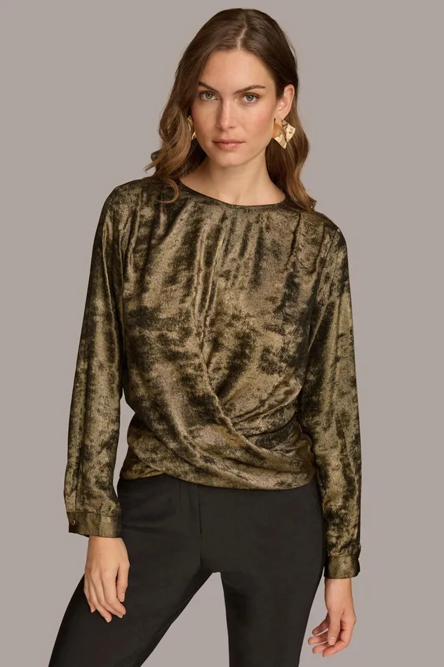 Women Sweaters And Tops Donna Karan CREW FAUX WRAP TOP Goldblack