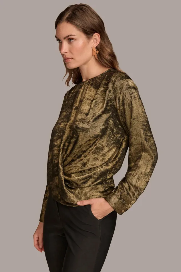 Women Sweaters And Tops Donna Karan CREW FAUX WRAP TOP Goldblack