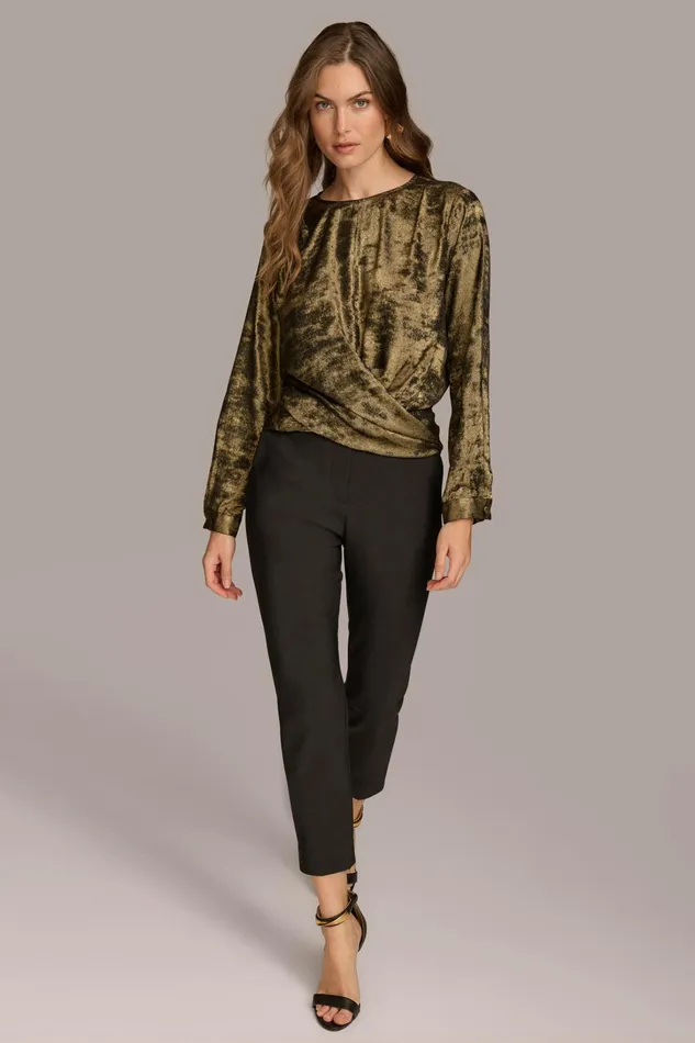 Women Sweaters And Tops Donna Karan CREW FAUX WRAP TOP Goldblack