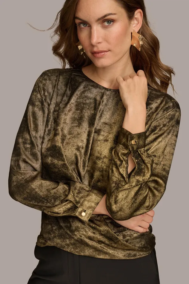 Women Sweaters And Tops Donna Karan CREW FAUX WRAP TOP Goldblack