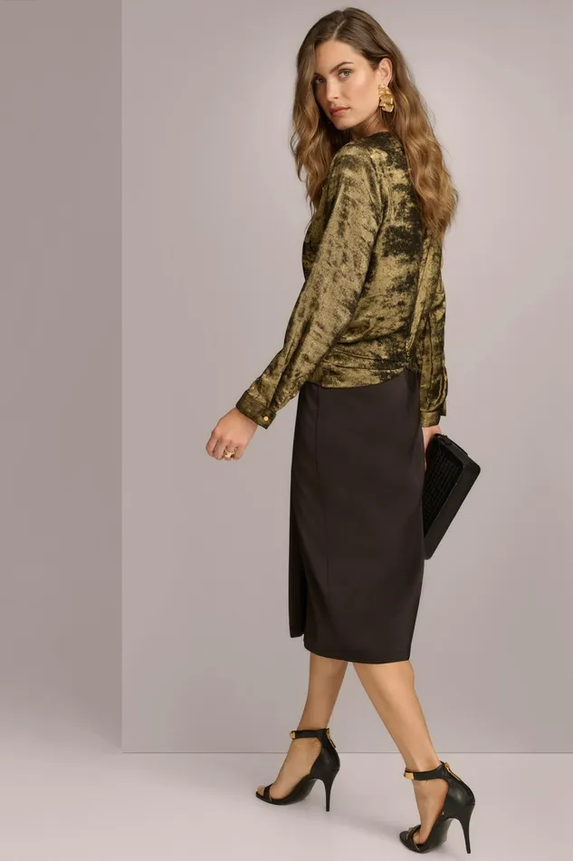 Women Sweaters And Tops Donna Karan CREW FAUX WRAP TOP Goldblack