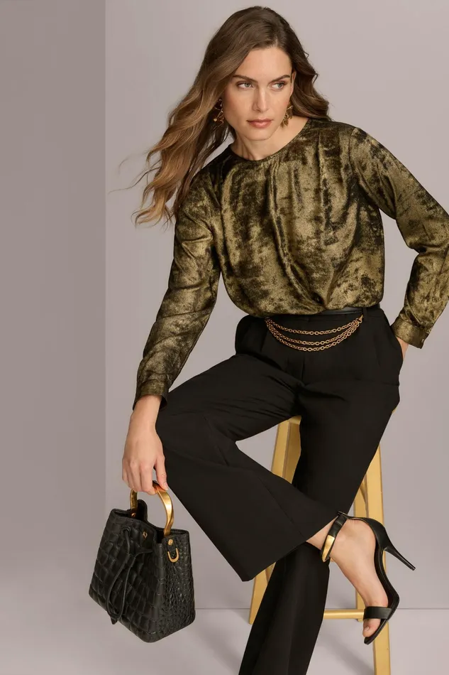 Women Sweaters And Tops Donna Karan CREW FAUX WRAP TOP Goldblack