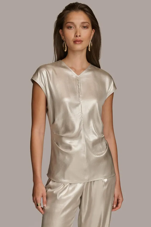 Women Sweaters And Tops Donna Karan FOIL CAP SLEEVE TOP Silver
