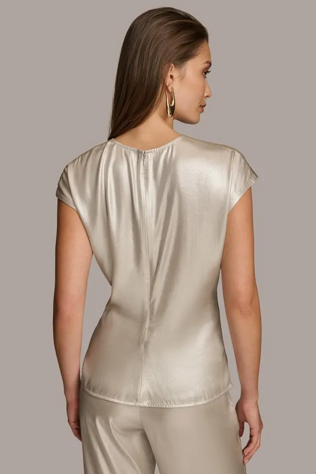 Women Sweaters And Tops Donna Karan FOIL CAP SLEEVE TOP Silver