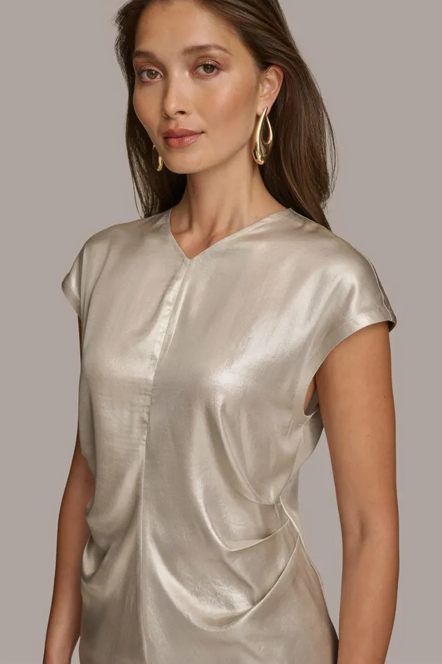 Women Sweaters And Tops Donna Karan FOIL CAP SLEEVE TOP Silver