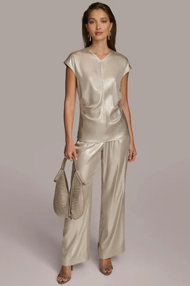 Women Sweaters And Tops Donna Karan FOIL CAP SLEEVE TOP Silver