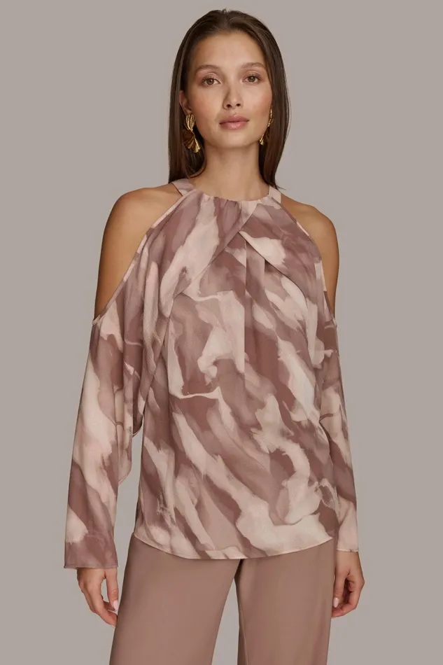 Women Sweaters And Tops Donna Karan PRINTED COLD SHOULDER TOP Mink Combo