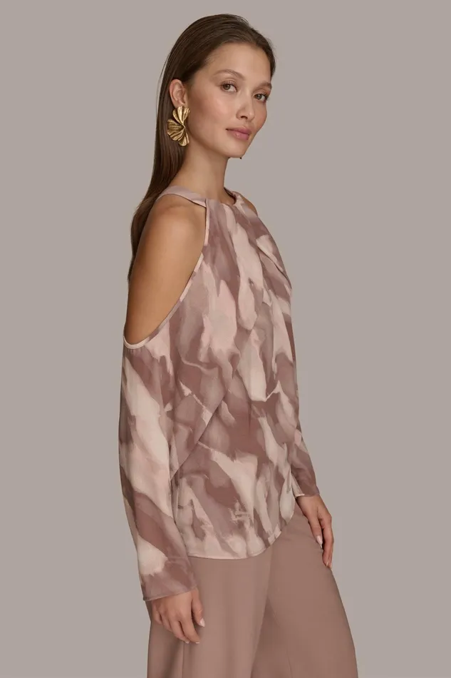 Women Sweaters And Tops Donna Karan PRINTED COLD SHOULDER TOP Mink Combo