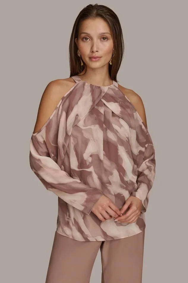 Women Sweaters And Tops Donna Karan PRINTED COLD SHOULDER TOP Mink Combo