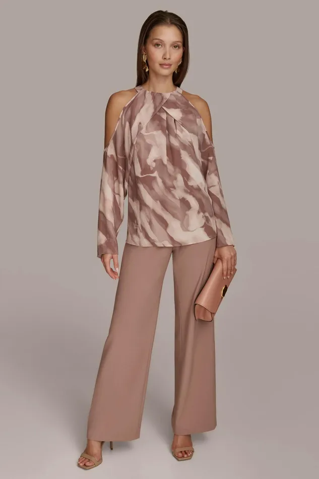Women Sweaters And Tops Donna Karan PRINTED COLD SHOULDER TOP Mink Combo