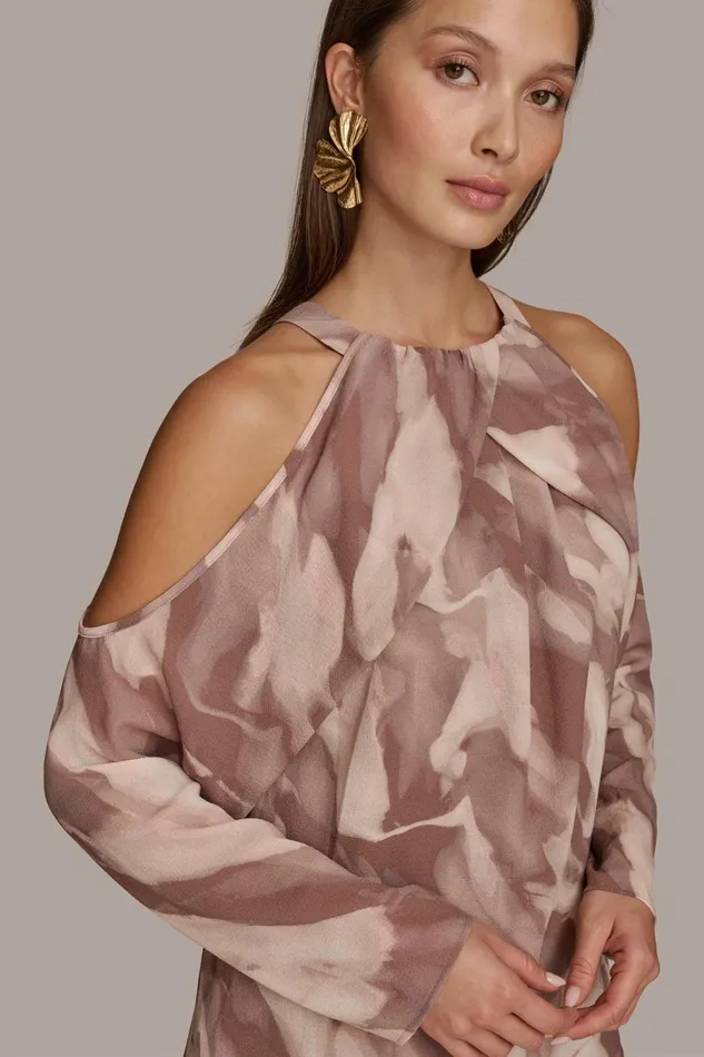 Women Sweaters And Tops Donna Karan PRINTED COLD SHOULDER TOP Mink Combo