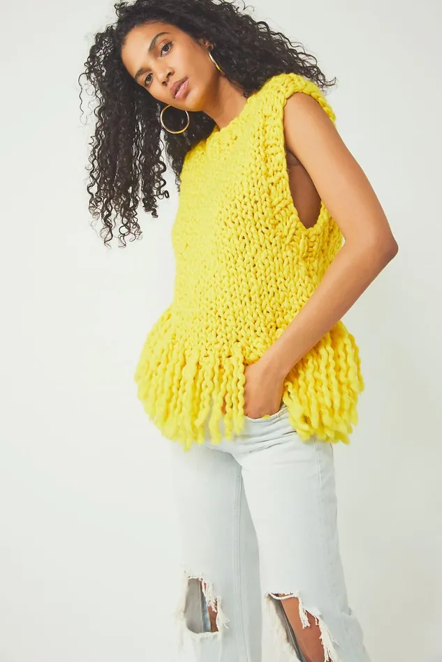 Women Sweaters Free People Loopy Mango Fringe Vest Sunshine
