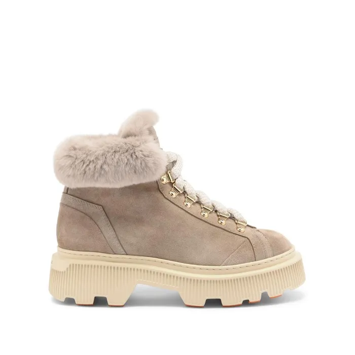 Women Taupe Suede Hiking Boot With Fur Santoni Boots and Ankle Boots