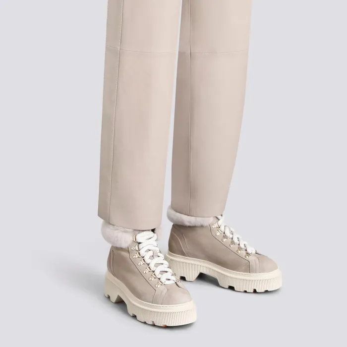 Women Taupe Suede Hiking Boot With Fur Santoni Boots and Ankle Boots