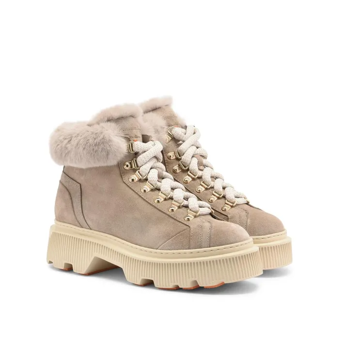 Women Taupe Suede Hiking Boot With Fur Santoni Boots and Ankle Boots