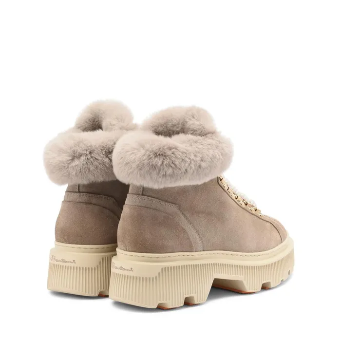 Women Taupe Suede Hiking Boot With Fur Santoni Boots and Ankle Boots