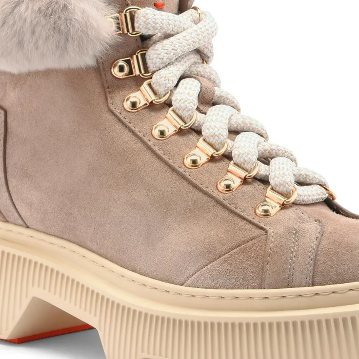 Women Taupe Suede Hiking Boot With Fur Santoni Boots and Ankle Boots
