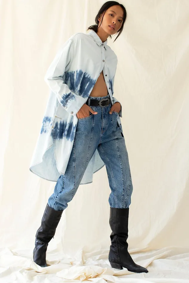 Women Tops Free People We The Free Tuscan Tie Dye Denim Tunic Ripple Wash