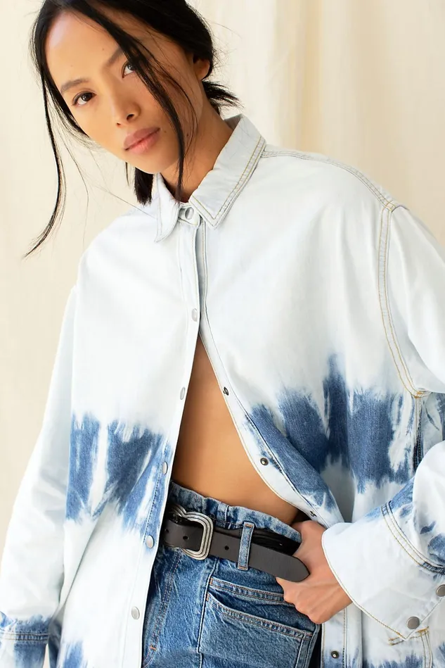 Women Tops Free People We The Free Tuscan Tie Dye Denim Tunic Ripple Wash