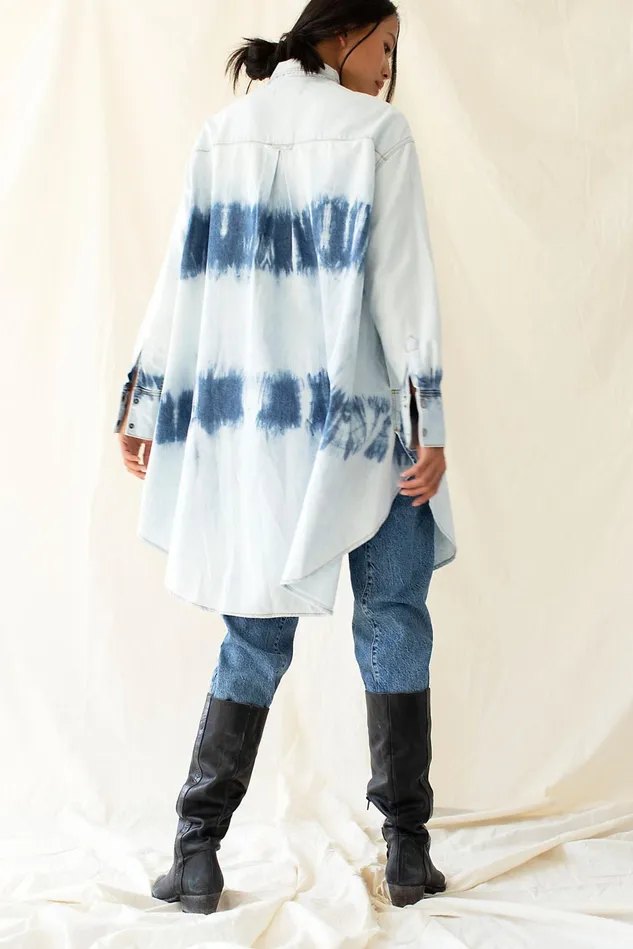 Women Tops Free People We The Free Tuscan Tie Dye Denim Tunic Ripple Wash