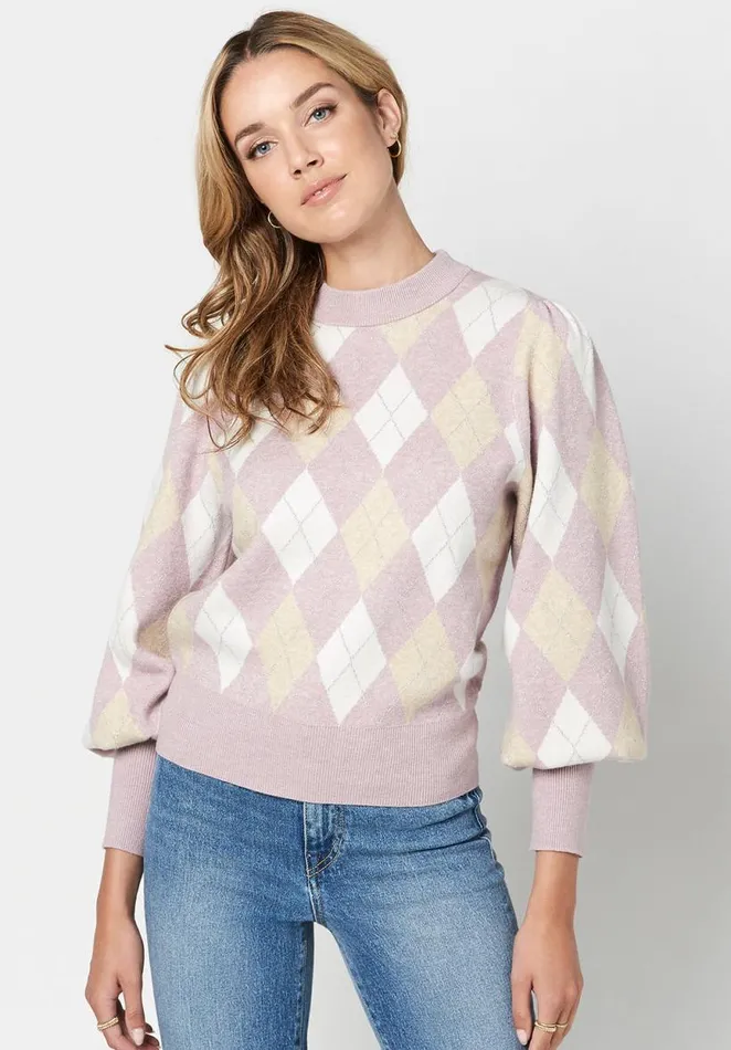 Women Voluminous Argyle Marta Sweater Barely Pink Buffalo David Bitton Sweaters