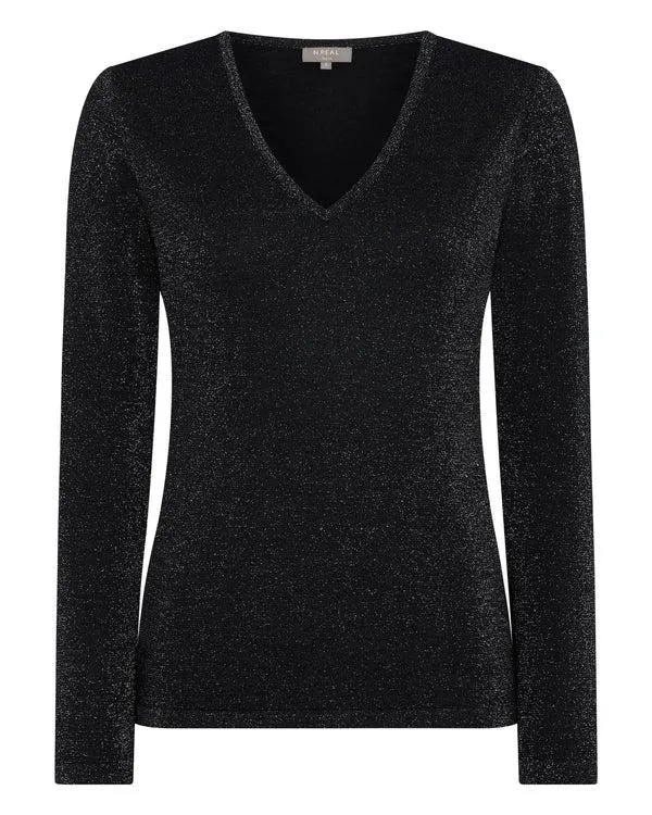 Women Women039s Superfine V Neck Cashmere Sweater With LurexIn Black Sparkle Black Sparkle NPeal V Necks