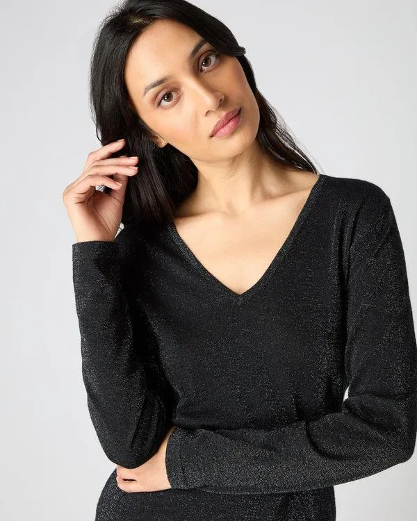 Women Women039s Superfine V Neck Cashmere Sweater With LurexIn Black Sparkle Black Sparkle NPeal V Necks