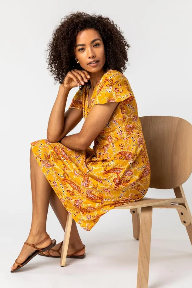 Yellow Paisley Print Twist Knot Dress Women Roman Dresses