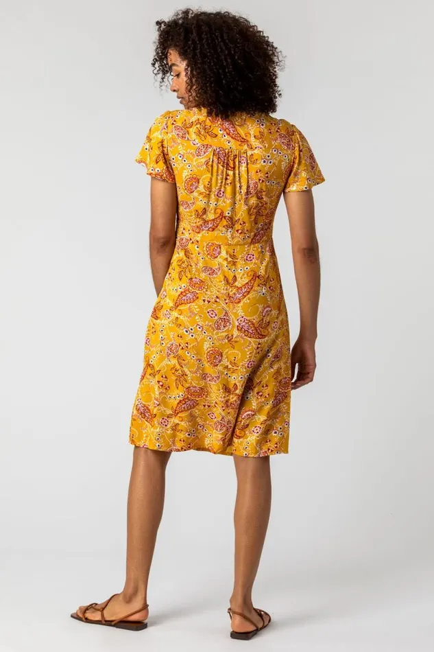 Yellow Paisley Print Twist Knot Dress Women Roman Dresses