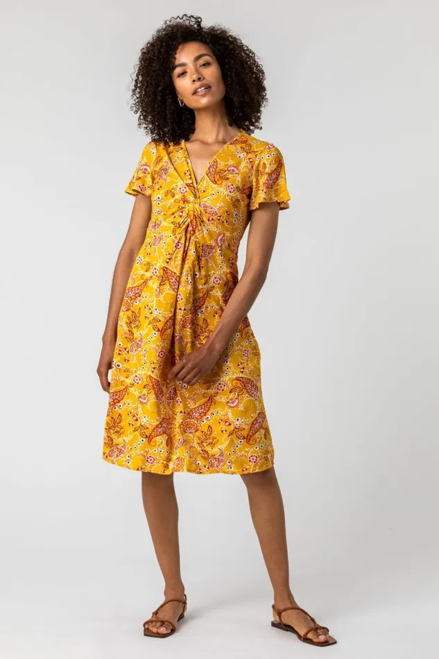Yellow Paisley Print Twist Knot Dress Women Roman Dresses