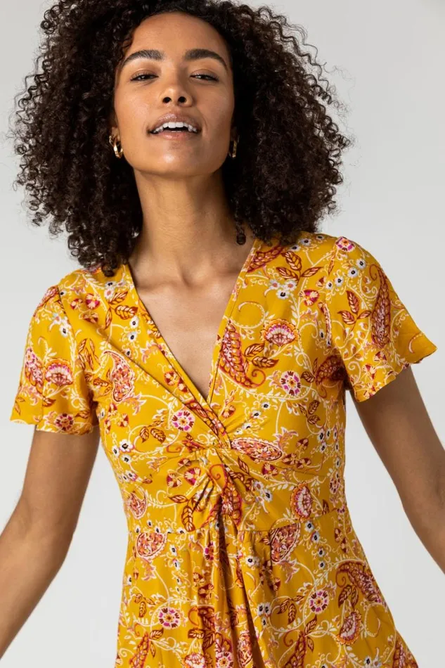 Yellow Paisley Print Twist Knot Dress Women Roman Dresses