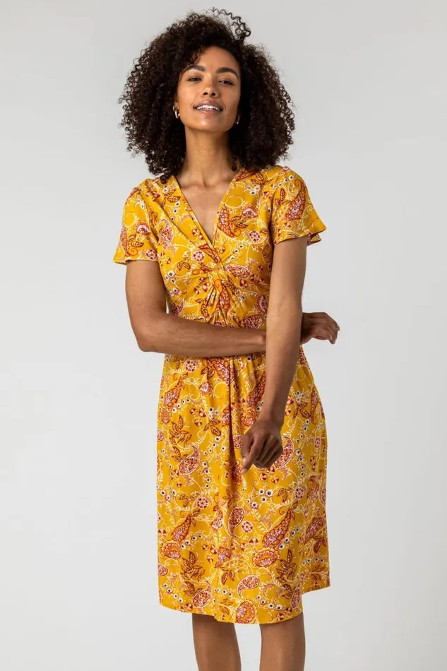 Yellow Paisley Print Twist Knot Dress Women Roman Dresses