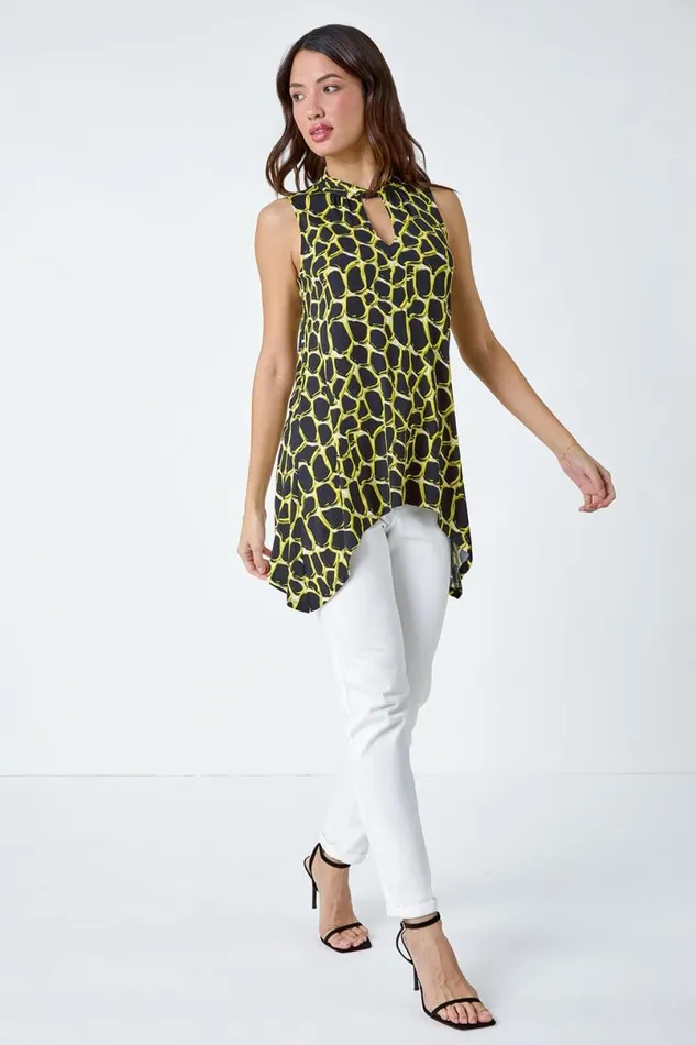 Yellow Spot Print Twist Neck Top Women Roman Tops